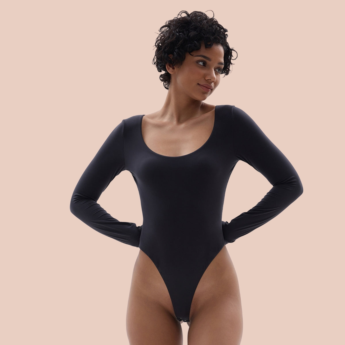 Long Sleeve Bodysuit Tops Scoop Neck Thong Body Suits