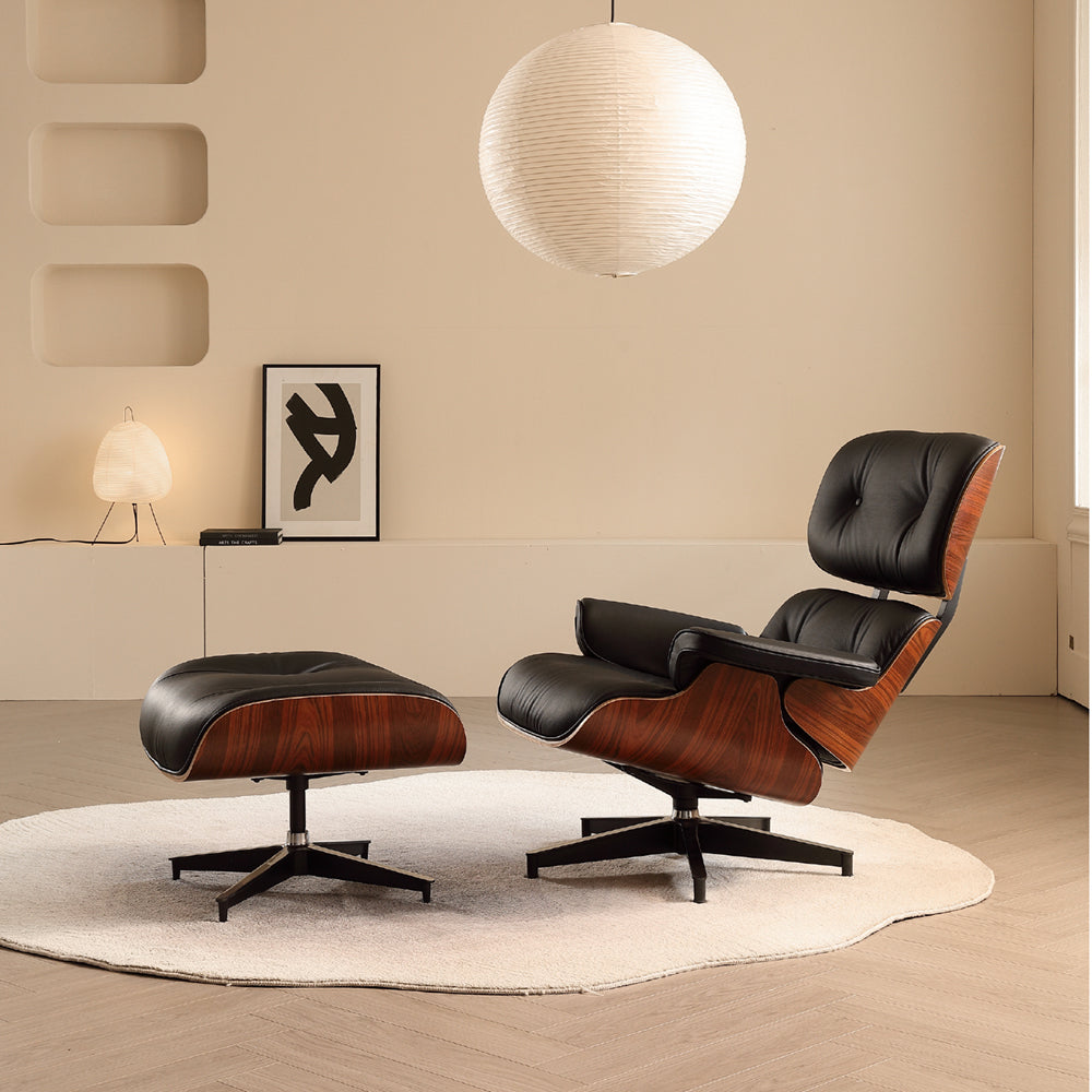 Tall Lounge Chair and Ottoman – Dark Rosewood Finish & Leather Comfort