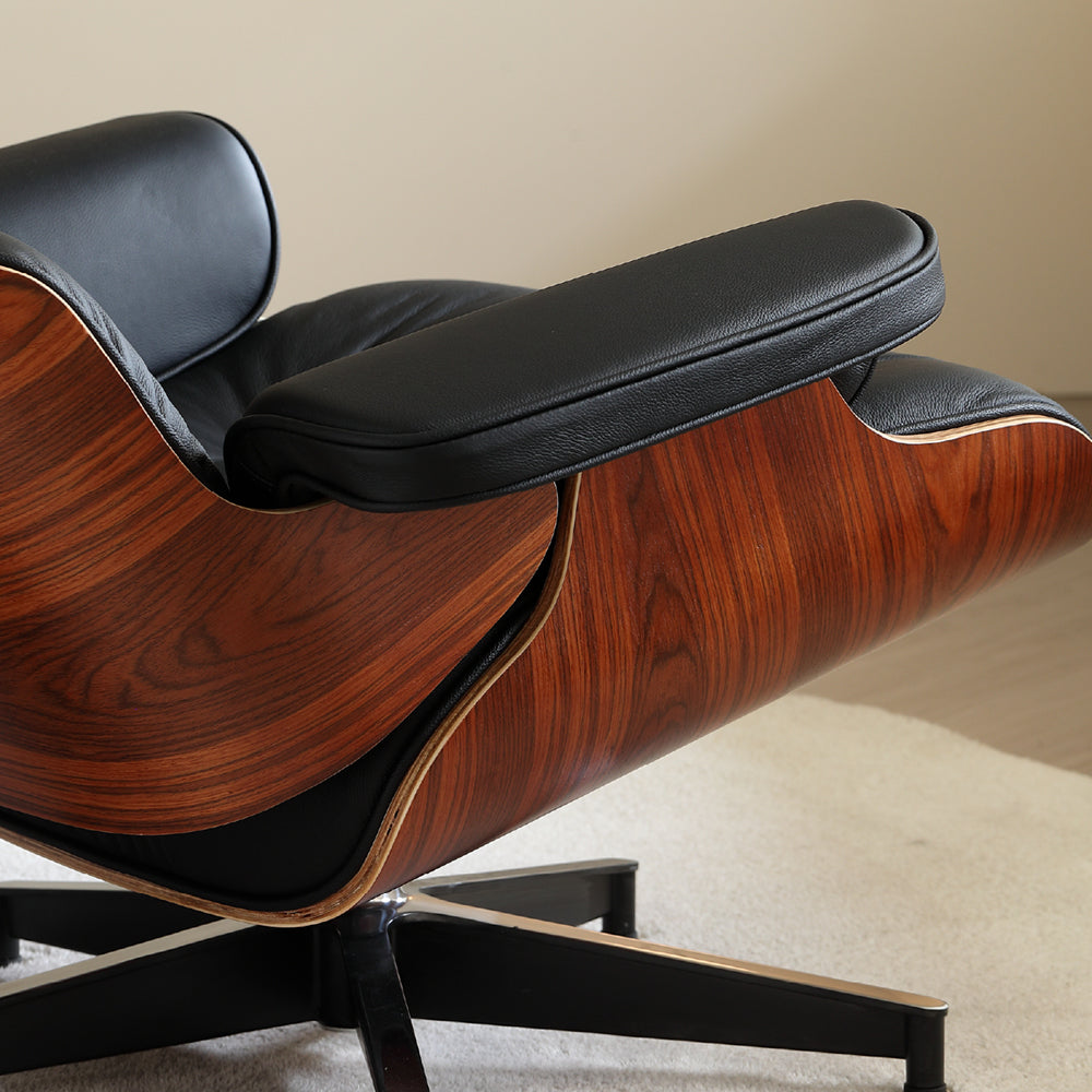 Tall Lounge Chair and Ottoman – Dark Rosewood Finish & Leather Comfort