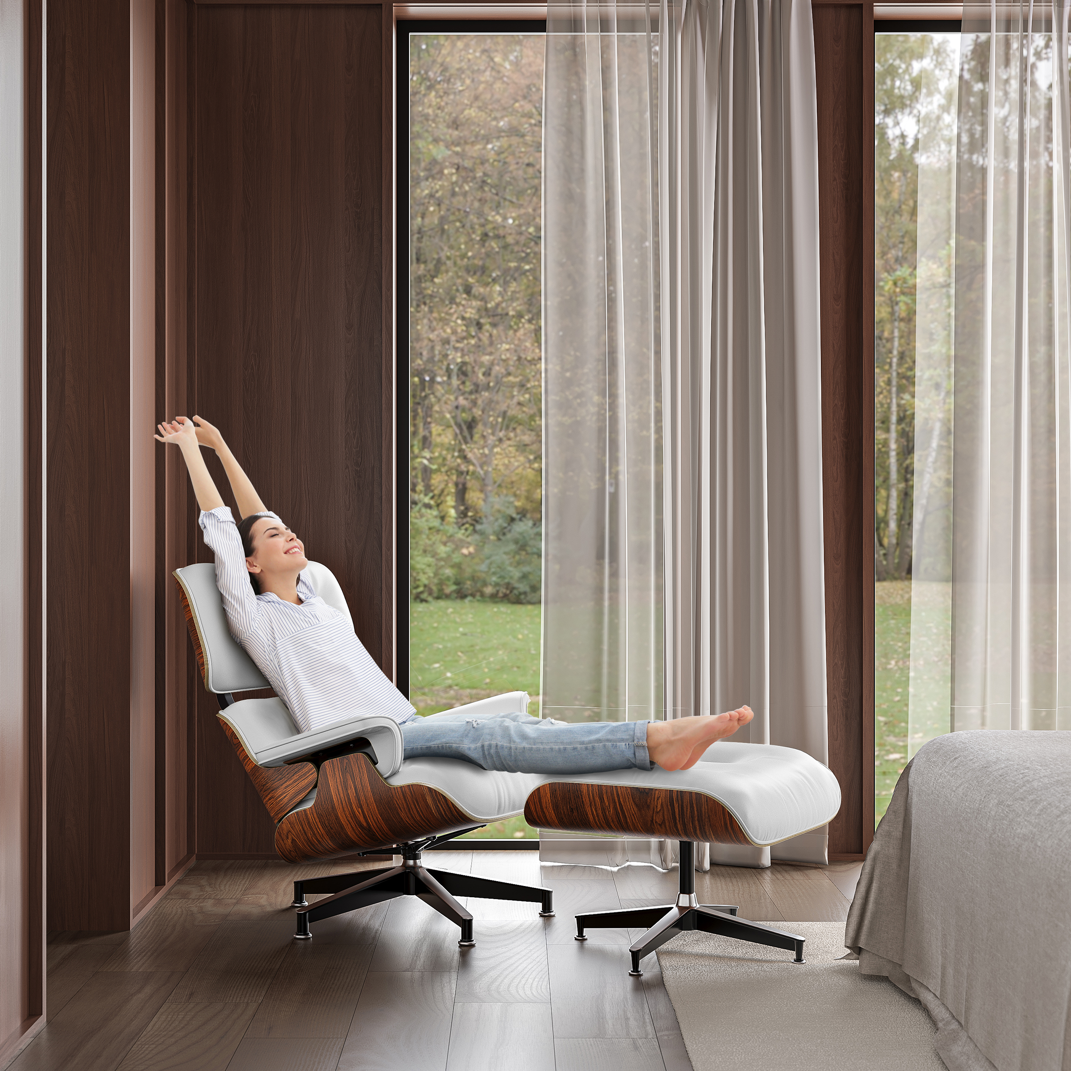 Tall Lounge Chair and Ottoman – White Leather & Wood Classic