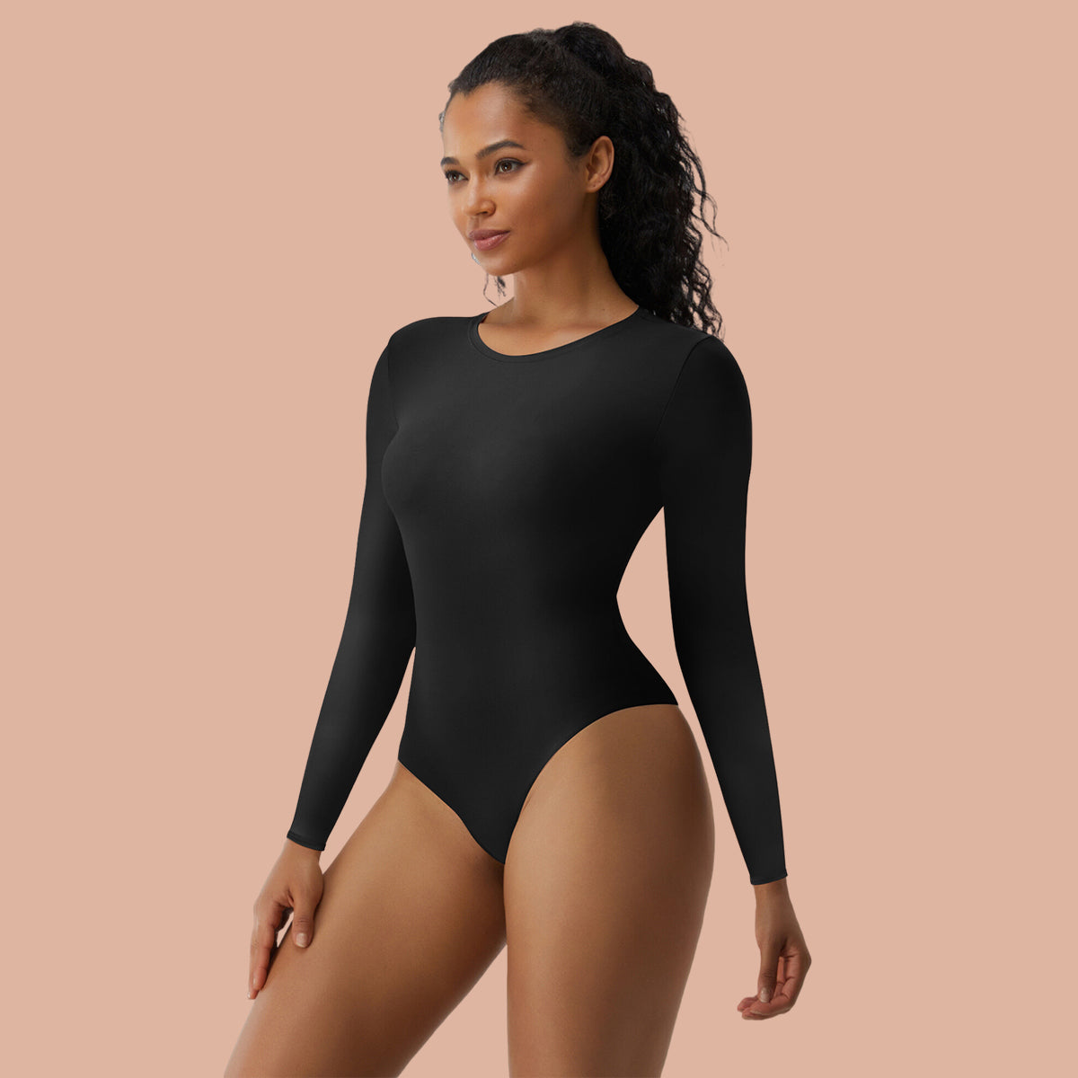 Long Sleeve Bodysuit Tops Crew Neck Thong Body Suit
