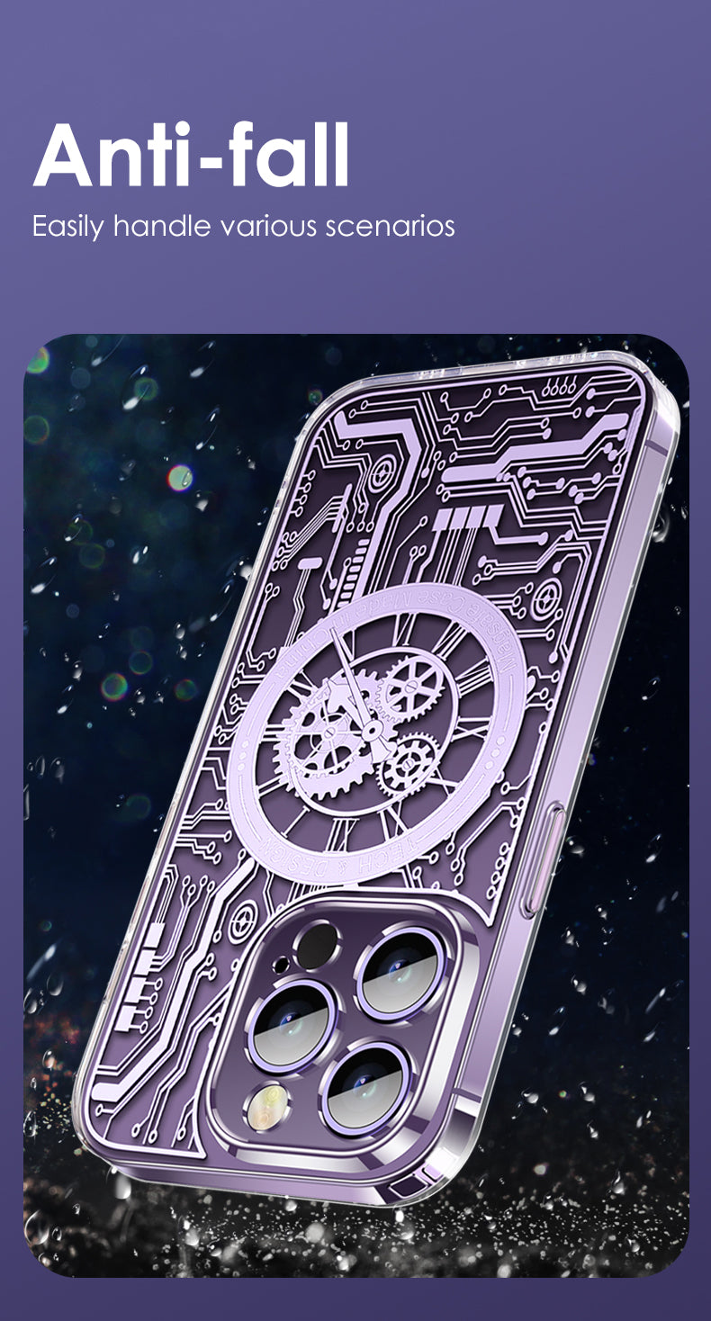 Premium Mechanical Watch Texture Design Magnetic MagSafe Transparent iPhone Case with 360-Degree Protection & Camera Lens Protection for iPhone 16/15/14/13/12 Pro Max, Pro, Plus, e & Mini Cover, Shockproof Phone Case with Armor Shell Bumper Cover