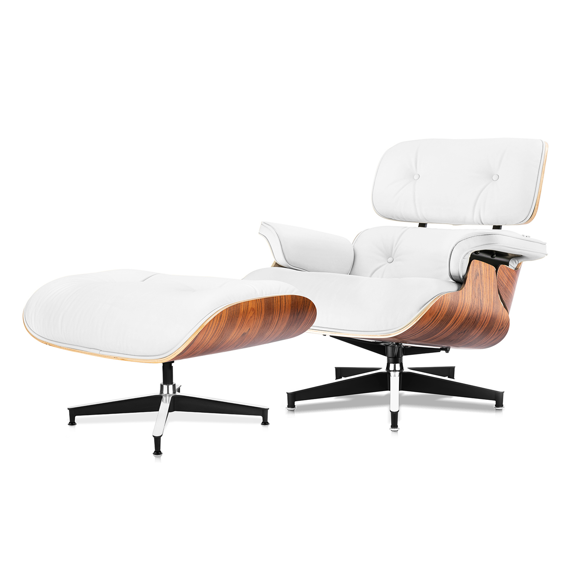 Tall Lounge Chair and Ottoman – White Leather & Wood Classic