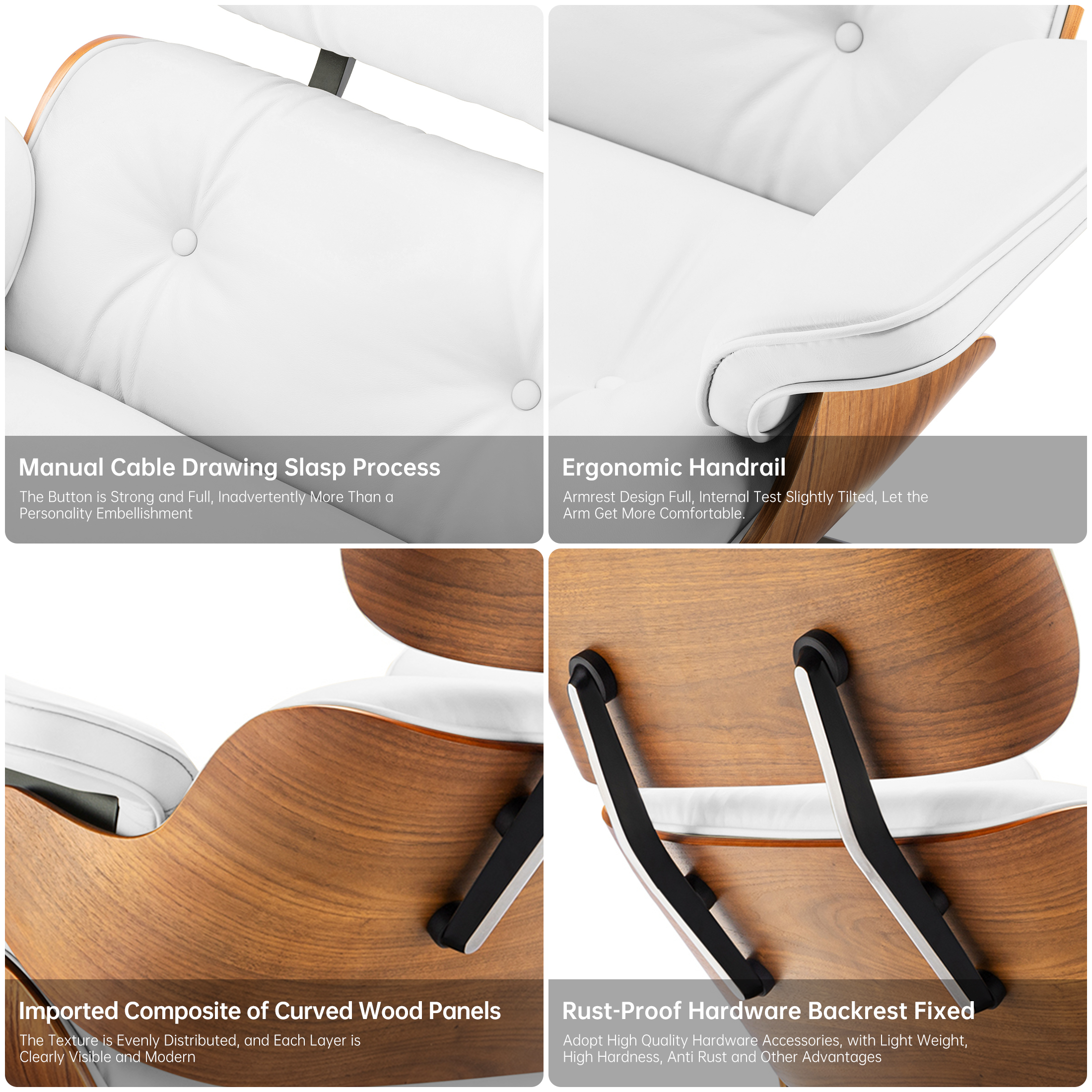 Tall Lounge Chair and Ottoman – White Leather & Wood Classic