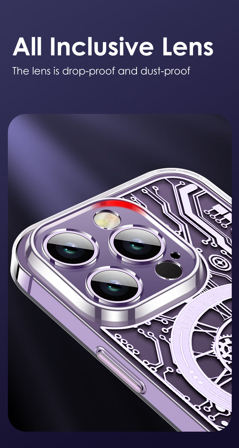 Premium Mechanical Watch Texture Design Magnetic MagSafe Transparent iPhone Case with 360-Degree Protection & Camera Lens Protection for iPhone 16/15/14/13/12 Pro Max, Pro, Plus, e & Mini Cover, Shockproof Phone Case with Armor Shell Bumper Cover
