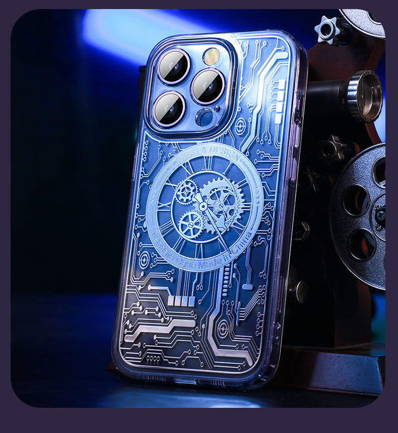 Premium Mechanical Watch Texture Design Magnetic MagSafe Transparent iPhone Case with 360-Degree Protection & Camera Lens Protection for iPhone 16/15/14/13/12 Pro Max, Pro, Plus, e & Mini Cover, Shockproof Phone Case with Armor Shell Bumper Cover