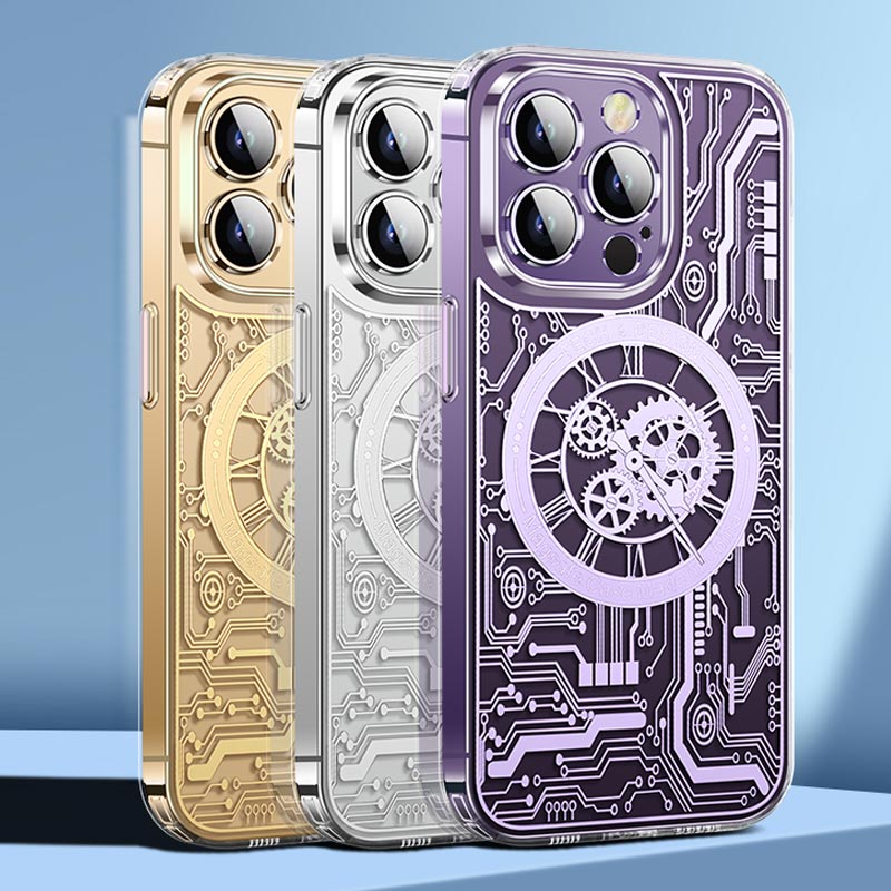 Premium Mechanical Watch Texture Design Magnetic MagSafe Transparent iPhone Case with 360-Degree Protection & Camera Lens Protection for iPhone 16/15/14/13/12 Pro Max, Pro, Plus, e & Mini Cover, Shockproof Phone Case with Armor Shell Bumper Cover