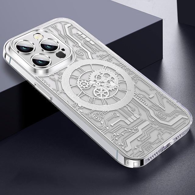 Premium Mechanical Watch Texture Design Magnetic MagSafe Transparent iPhone Case with 360-Degree Protection & Camera Lens Protection for iPhone 16/15/14/13/12 Pro Max, Pro, Plus, e & Mini Cover, Shockproof Phone Case with Armor Shell Bumper Cover