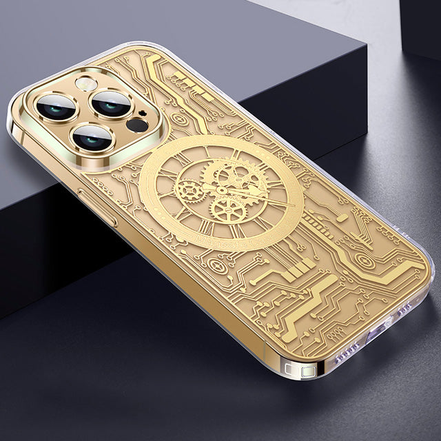 Premium Mechanical Watch Texture Design Magnetic MagSafe Transparent iPhone Case with 360-Degree Protection & Camera Lens Protection for iPhone 16/15/14/13/12 Pro Max, Pro, Plus, e & Mini Cover, Shockproof Phone Case with Armor Shell Bumper Cover