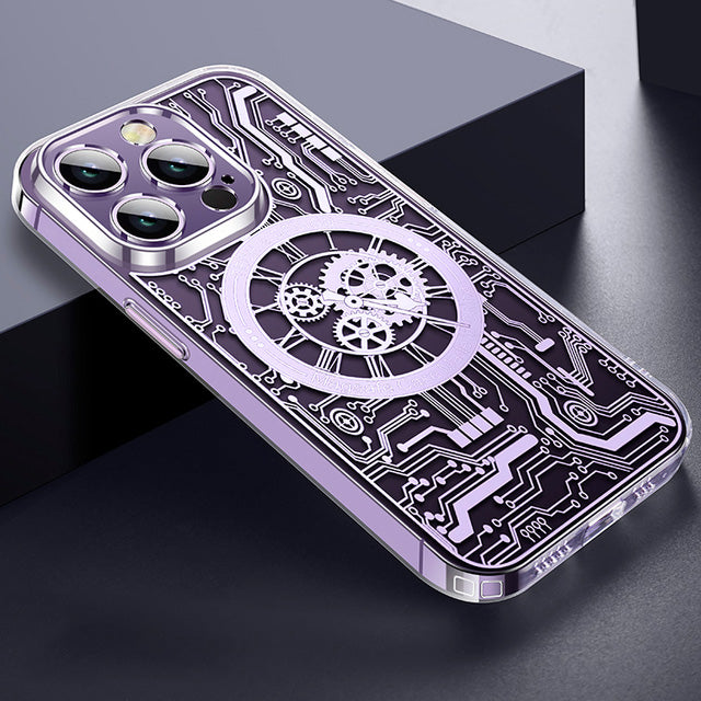 Premium Mechanical Watch Texture Design Magnetic MagSafe Transparent iPhone Case with 360-Degree Protection & Camera Lens Protection for iPhone 16/15/14/13/12 Pro Max, Pro, Plus, e & Mini Cover, Shockproof Phone Case with Armor Shell Bumper Cover