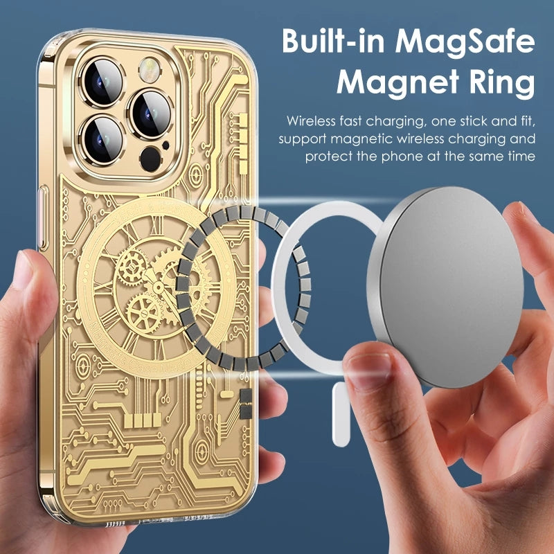 Premium Mechanical Watch Texture Design Magnetic MagSafe Transparent iPhone Case with 360-Degree Protection & Camera Lens Protection for iPhone 16/15/14/13/12 Pro Max, Pro, Plus, e & Mini Cover, Shockproof Phone Case with Armor Shell Bumper Cover