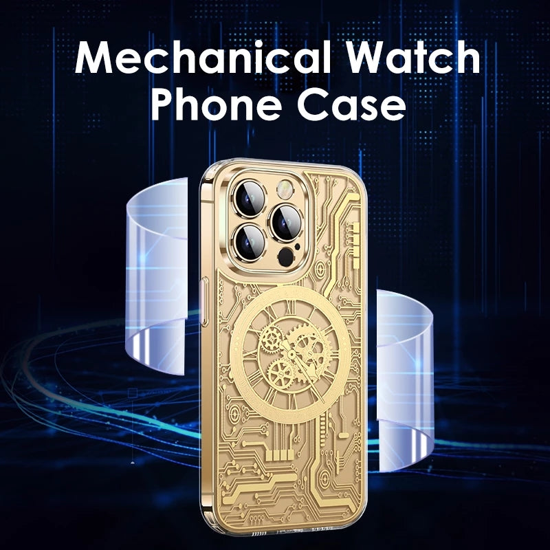 Premium Mechanical Watch Texture Design Magnetic MagSafe Transparent iPhone Case with 360-Degree Protection & Camera Lens Protection for iPhone 16/15/14/13/12 Pro Max, Pro, Plus, e & Mini Cover, Shockproof Phone Case with Armor Shell Bumper Cover