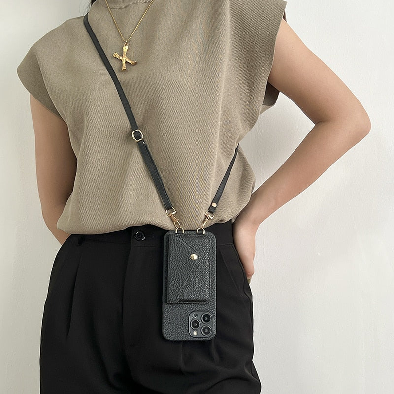 High-Quality Crossbody Wallet Leather iPhone Case with Card Holder and Wallet Function