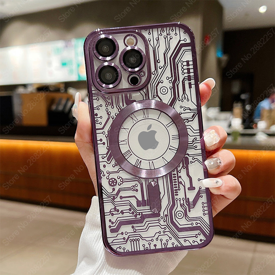 Premium Mechanical Watch Texture Design Magnetic MagSafe Transparent iPhone Case with 360-Degree Protection & Camera Lens Protection for iPhone 16/15/14/13/12 Pro Max, Pro, Plus, e & Mini Cover, Shockproof Phone Case with Armor Shell Bumper Cover
