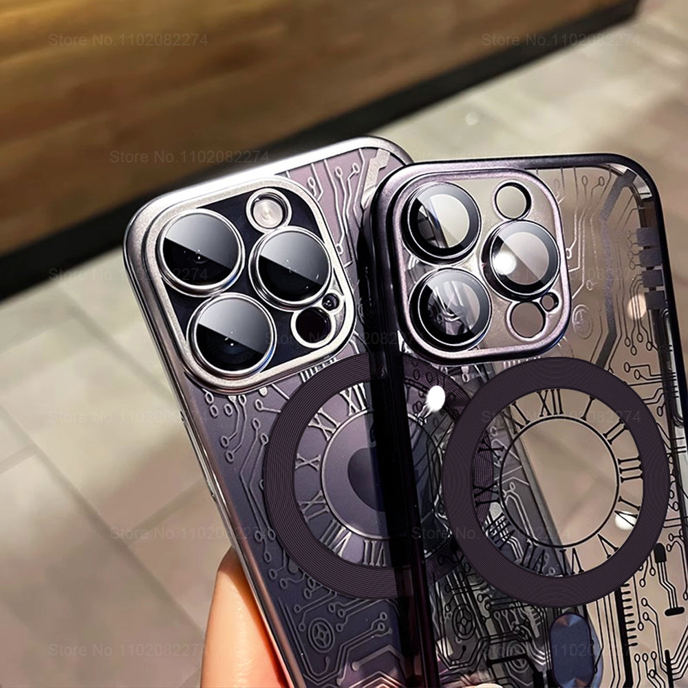 Premium Mechanical Watch Texture Design Magnetic MagSafe Transparent iPhone Case with 360-Degree Protection & Camera Lens Protection for iPhone 16/15/14/13/12 Pro Max, Pro, Plus, e & Mini Cover, Shockproof Phone Case with Armor Shell Bumper Cover