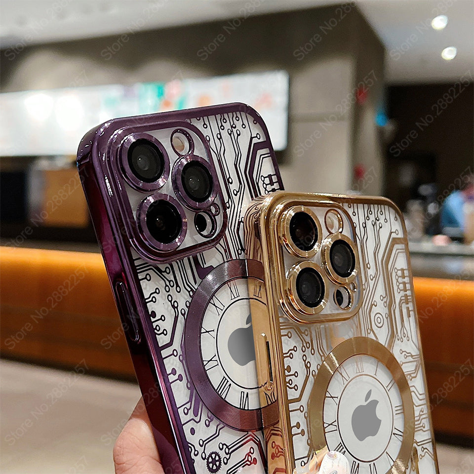 Premium Mechanical Watch Texture Design Magnetic MagSafe Transparent iPhone Case with 360-Degree Protection & Camera Lens Protection for iPhone 16/15/14/13/12 Pro Max, Pro, Plus, e & Mini Cover, Shockproof Phone Case with Armor Shell Bumper Cover