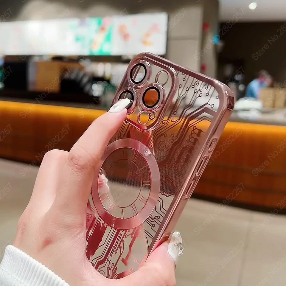 Premium Mechanical Watch Texture Design Magnetic MagSafe Transparent iPhone Case with 360-Degree Protection & Camera Lens Protection for iPhone 16/15/14/13/12 Pro Max, Pro, Plus, e & Mini Cover, Shockproof Phone Case with Armor Shell Bumper Cover