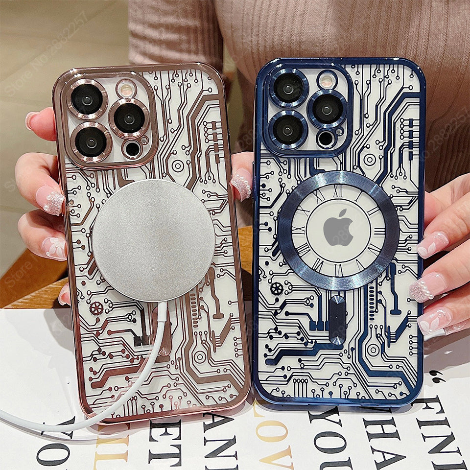 Premium Mechanical Watch Texture Design Magnetic MagSafe Transparent iPhone Case with 360-Degree Protection & Camera Lens Protection for iPhone 16/15/14/13/12 Pro Max, Pro, Plus, e & Mini Cover, Shockproof Phone Case with Armor Shell Bumper Cover