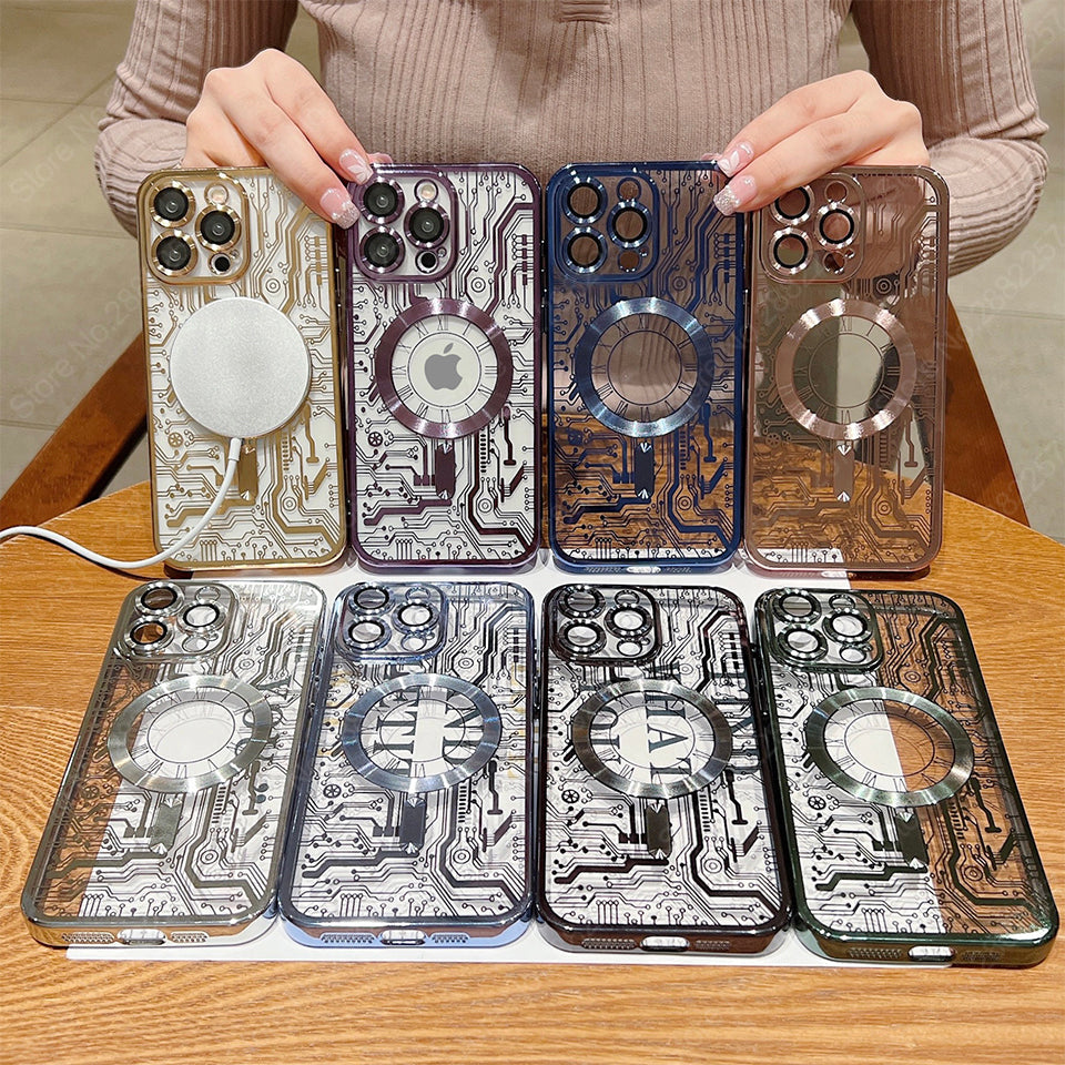 Premium Mechanical Watch Texture Design Magnetic MagSafe Transparent iPhone Case with 360-Degree Protection & Camera Lens Protection for iPhone 16/15/14/13/12 Pro Max, Pro, Plus, e & Mini Cover, Shockproof Phone Case with Armor Shell Bumper Cover