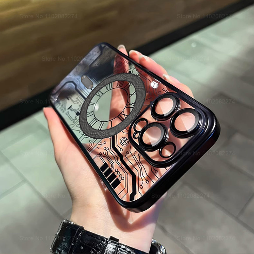 Premium Mechanical Watch Texture Design Magnetic MagSafe Transparent iPhone Case with 360-Degree Protection & Camera Lens Protection for iPhone 16/15/14/13/12 Pro Max, Pro, Plus, e & Mini Cover, Shockproof Phone Case with Armor Shell Bumper Cover