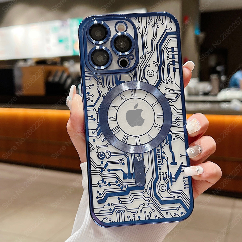 Premium Mechanical Watch Texture Design Magnetic MagSafe Transparent iPhone Case with 360-Degree Protection & Camera Lens Protection for iPhone 16/15/14/13/12 Pro Max, Pro, Plus, e & Mini Cover, Shockproof Phone Case with Armor Shell Bumper Cover