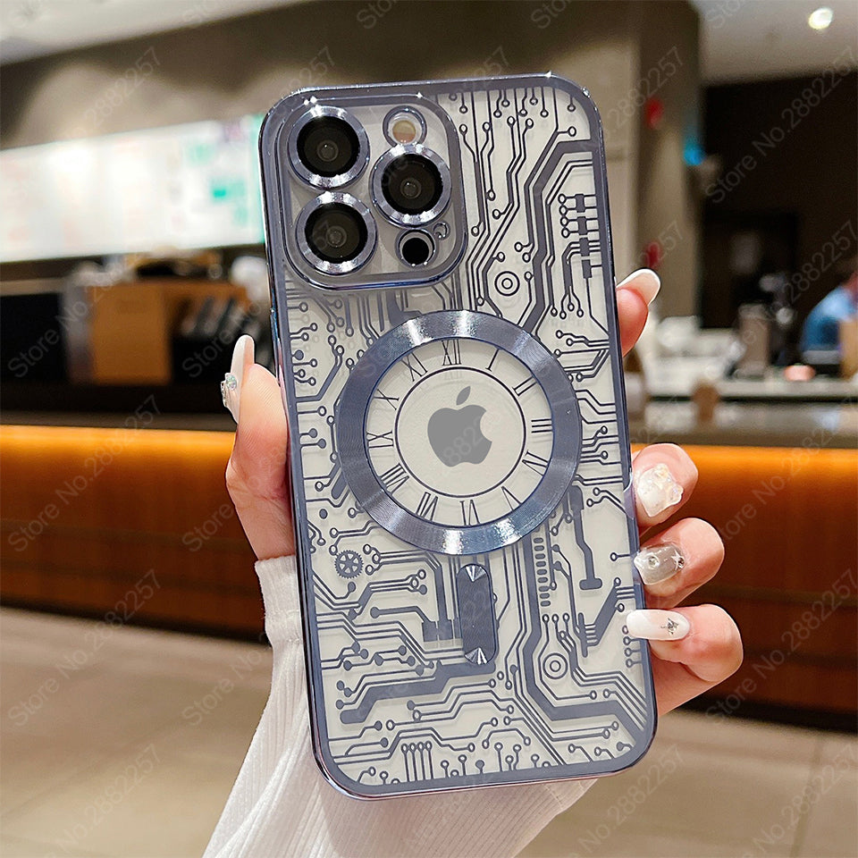 Premium Mechanical Watch Texture Design Magnetic MagSafe Transparent iPhone Case with 360-Degree Protection & Camera Lens Protection for iPhone 16/15/14/13/12 Pro Max, Pro, Plus, e & Mini Cover, Shockproof Phone Case with Armor Shell Bumper Cover