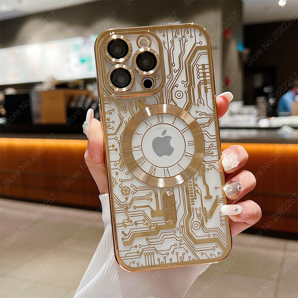 Premium Mechanical Watch Texture Design Magnetic MagSafe Transparent iPhone Case with 360-Degree Protection & Camera Lens Protection for iPhone 16/15/14/13/12 Pro Max, Pro, Plus, e & Mini Cover, Shockproof Phone Case with Armor Shell Bumper Cover