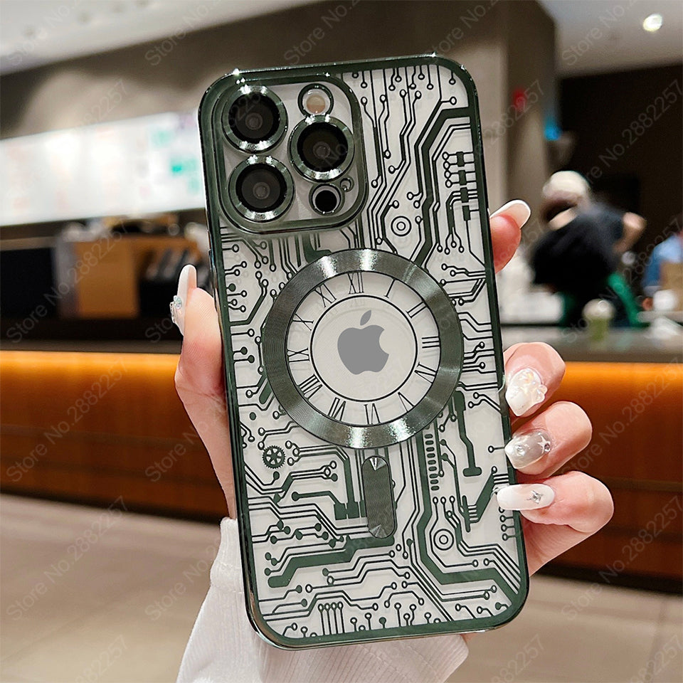 Premium Mechanical Watch Texture Design Magnetic MagSafe Transparent iPhone Case with 360-Degree Protection & Camera Lens Protection for iPhone 16/15/14/13/12 Pro Max, Pro, Plus, e & Mini Cover, Shockproof Phone Case with Armor Shell Bumper Cover