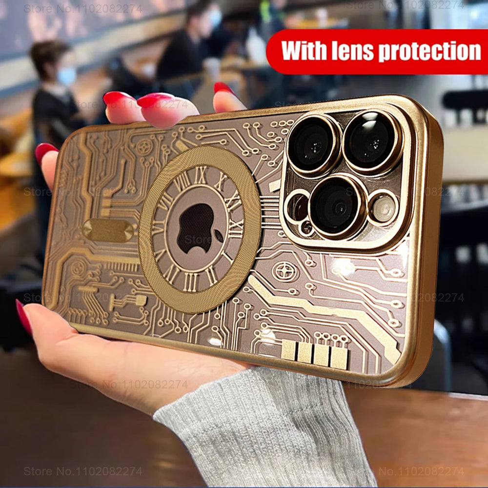Premium Mechanical Watch Texture Design Magnetic MagSafe Transparent iPhone Case with 360-Degree Protection & Camera Lens Protection for iPhone 16/15/14/13/12 Pro Max, Pro, Plus, e & Mini Cover, Shockproof Phone Case with Armor Shell Bumper Cover