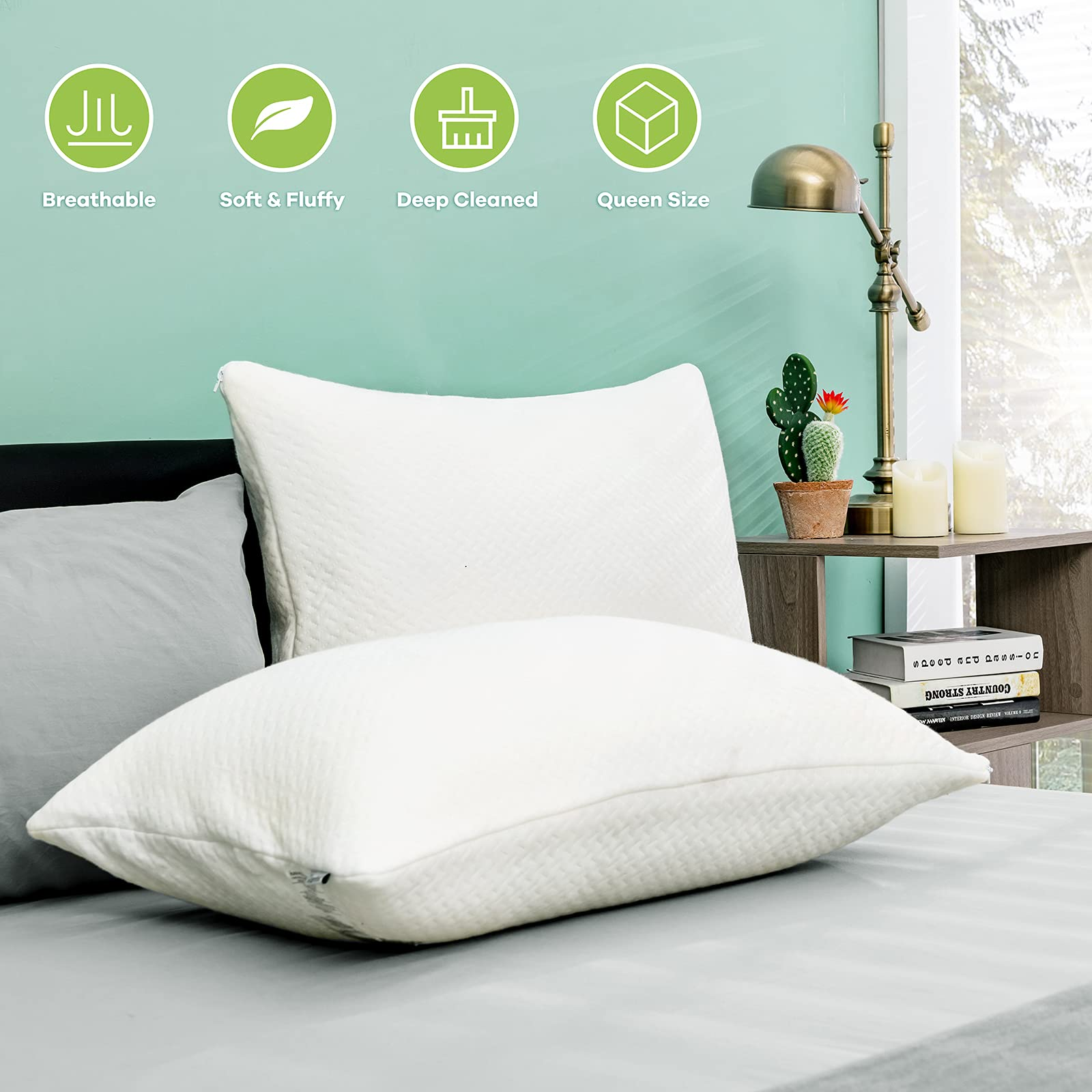 2 Pack Shredded Memory Foam Pillows with Zippered Washable Case Cover