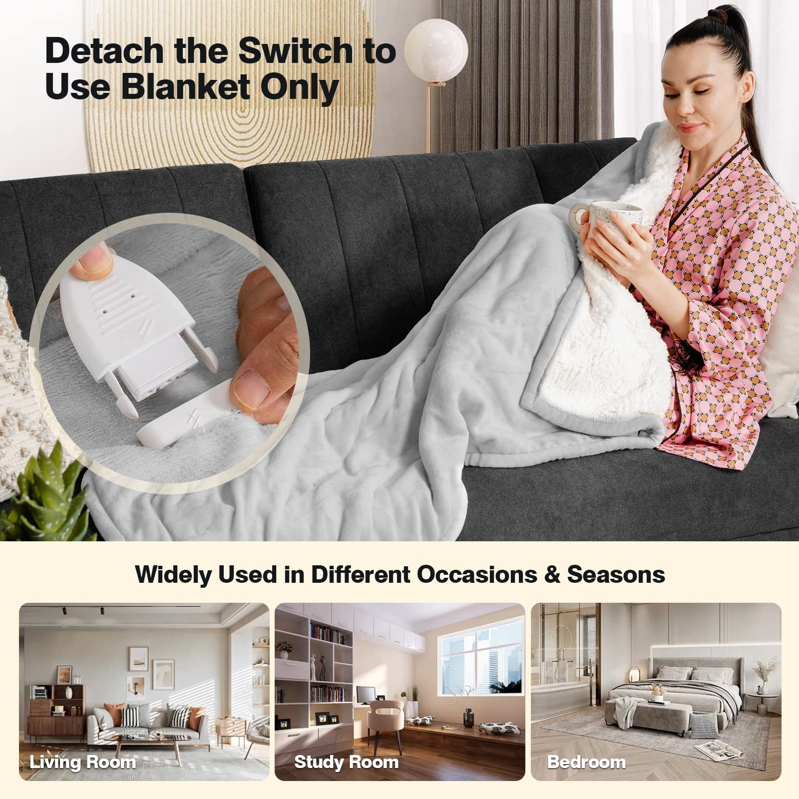 Flannel Sherpa Double Side Electric Heated Blanket 50''x60'' with 5 heating levels