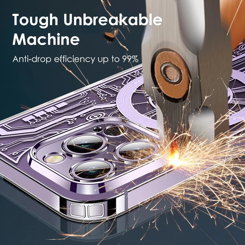 Premium Mechanical Watch Texture Design Magnetic MagSafe Transparent iPhone Case with 360-Degree Protection & Camera Lens Protection for iPhone 16/15/14/13/12 Pro Max, Pro, Plus, e & Mini Cover, Shockproof Phone Case with Armor Shell Bumper Cover