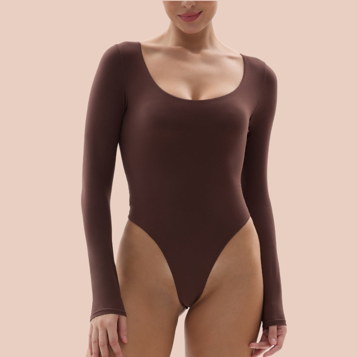 Long Sleeve Bodysuit Tops Scoop Neck Thong Body Suits