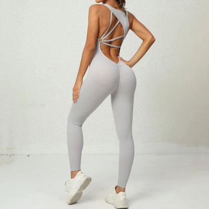 Sporty Sleeveless Women's Fitness Jumpsuit - V-Shaped Back Design Jumpsuit, Gym-Ready Overalls Set for Yoga, Running & Workout in Bold Colors
