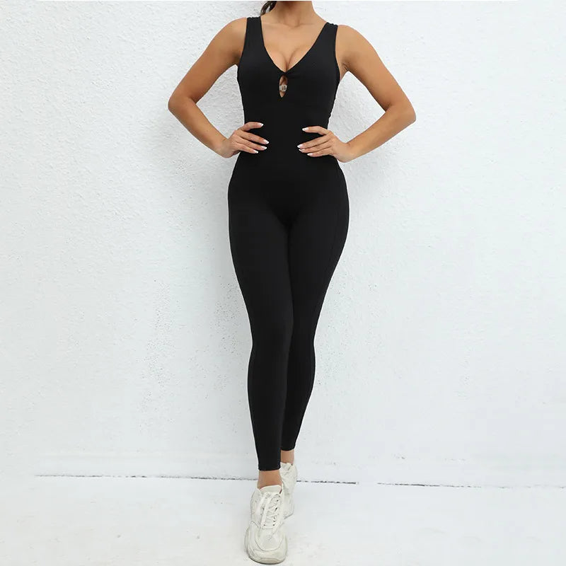 Sporty Sleeveless Women's Fitness Jumpsuit - V-Shaped Back Design Jumpsuit, Gym-Ready Overalls Set for Yoga, Running & Workout in Bold Colors