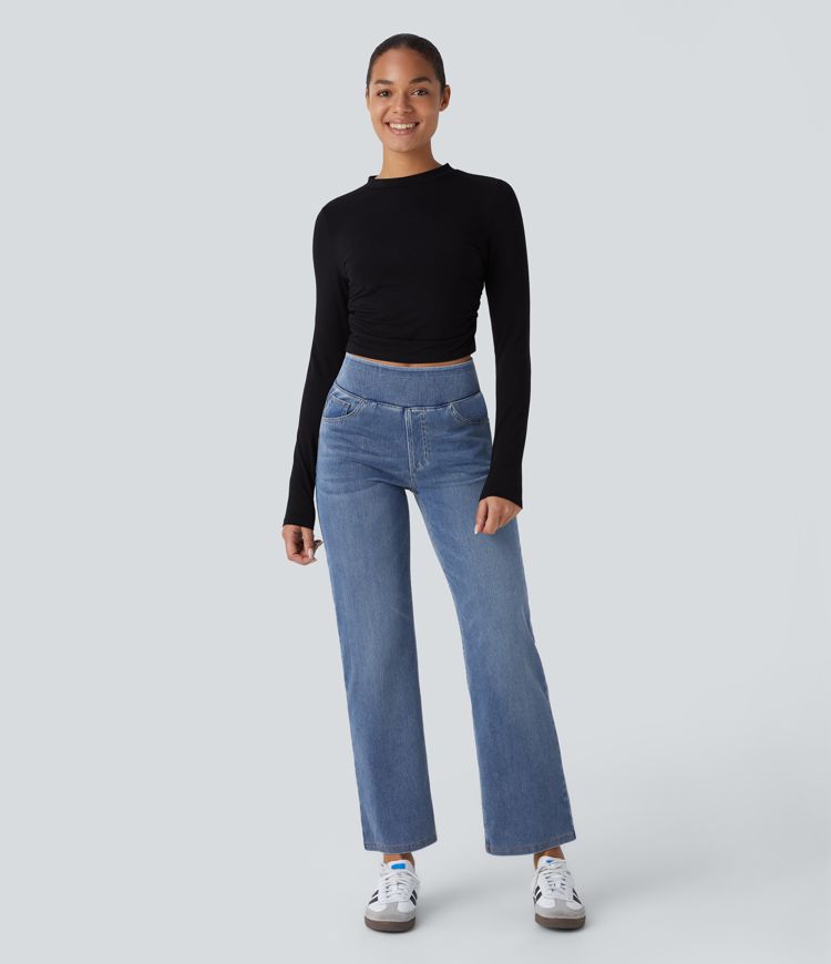 High Waisted Multiple Pockets Straight Leg Washed Stretchy Knit Casual Jeans