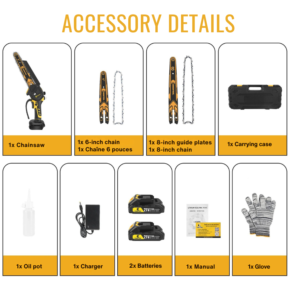 Cordless Mini Chainsaw 6" + 8" – 21V, 2 Batteries