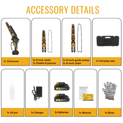 Cordless Mini Chainsaw 6" + 8" – 21V, 2 Batteries
