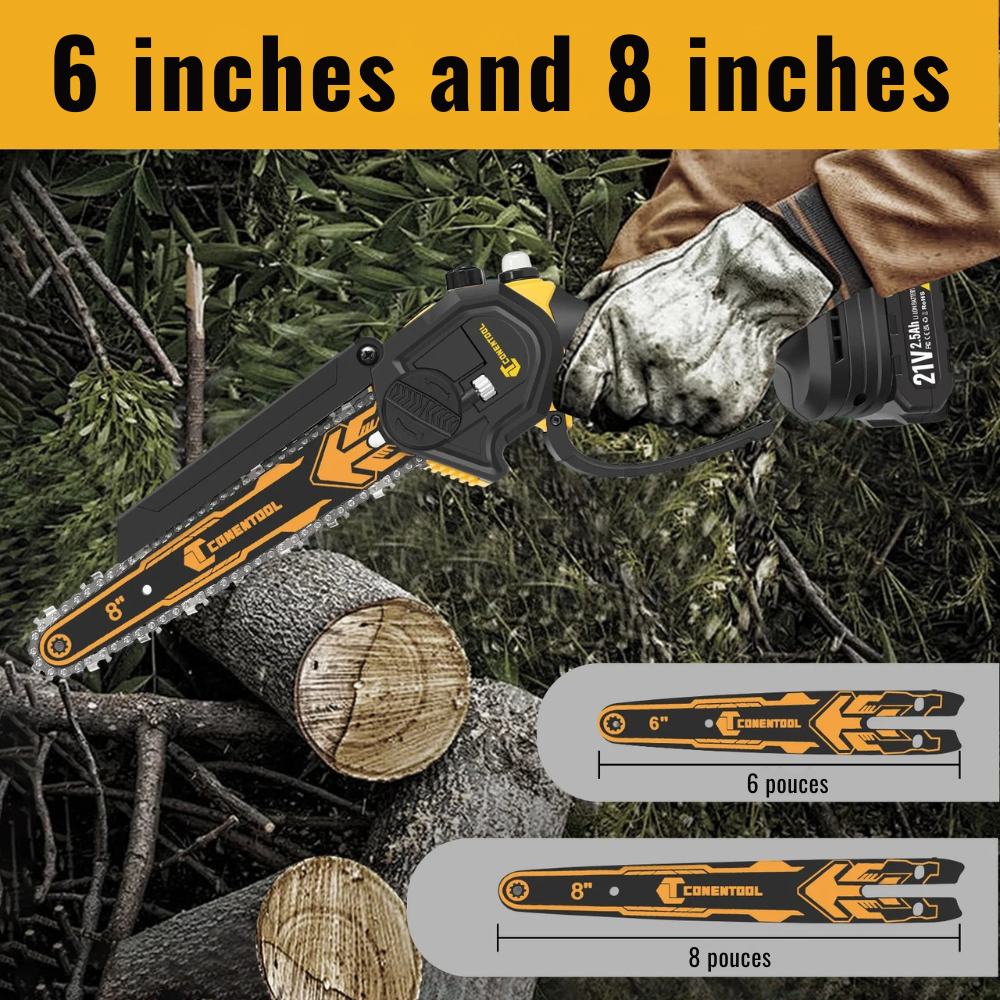 Cordless Mini Chainsaw 6" + 8" – 21V, 2 Batteries