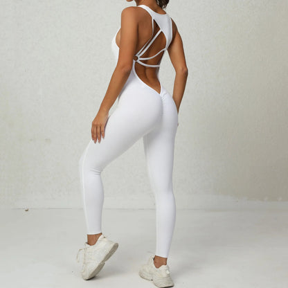 Sporty Sleeveless Women's Fitness Jumpsuit - V-Shaped Back Design Jumpsuit, Gym-Ready Overalls Set for Yoga, Running & Workout in Bold Colors
