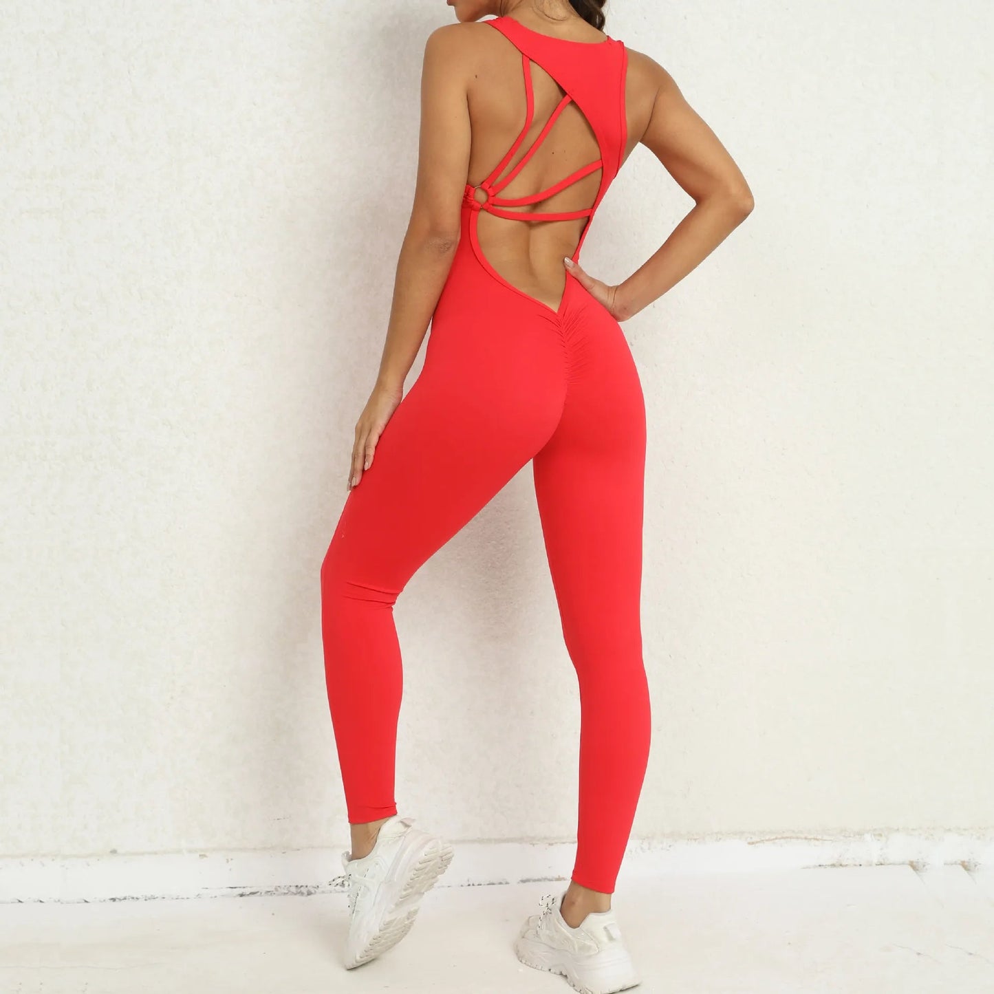 Sporty Sleeveless Women's Fitness Jumpsuit - V-Shaped Back Design Jumpsuit, Gym-Ready Overalls Set for Yoga, Running & Workout in Bold Colors