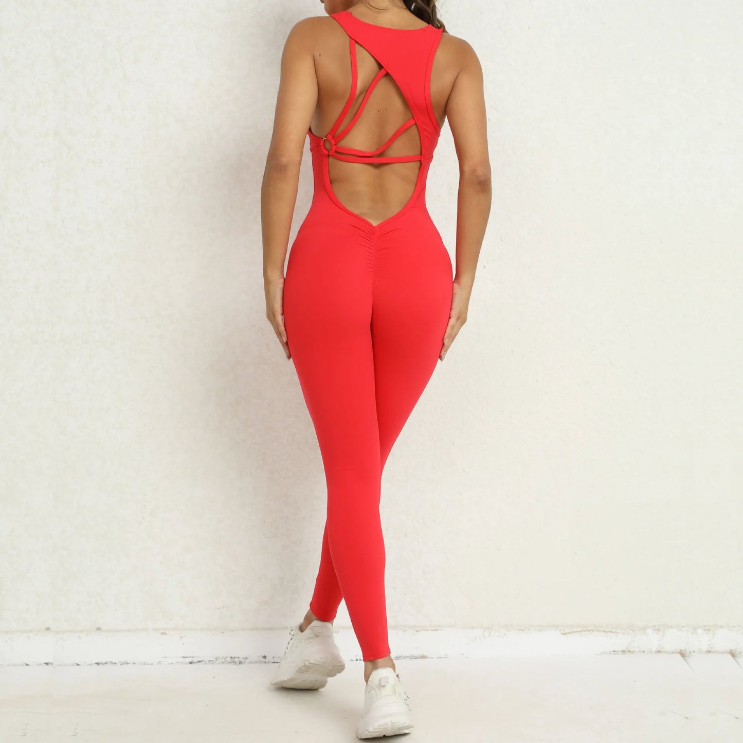 Sporty Sleeveless Women's Fitness Jumpsuit - V-Shaped Back Design Jumpsuit, Gym-Ready Overalls Set for Yoga, Running & Workout in Bold Colors