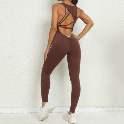 Sporty Sleeveless Women's Fitness Jumpsuit - V-Shaped Back Design Jumpsuit, Gym-Ready Overalls Set for Yoga, Running & Workout in Bold Colors