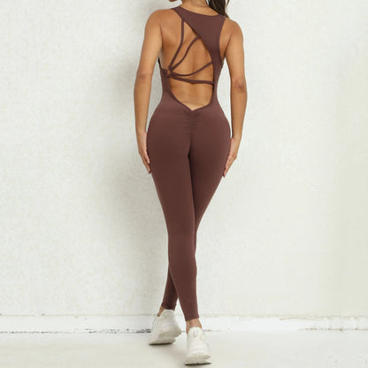 Sporty Sleeveless Women's Fitness Jumpsuit - V-Shaped Back Design Jumpsuit, Gym-Ready Overalls Set for Yoga, Running & Workout in Bold Colors