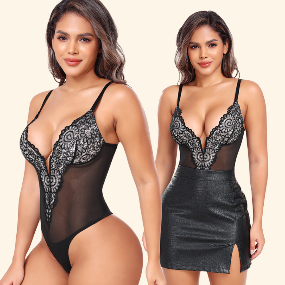 Mesh Split Deep V Snatching Shaping Bodysuit