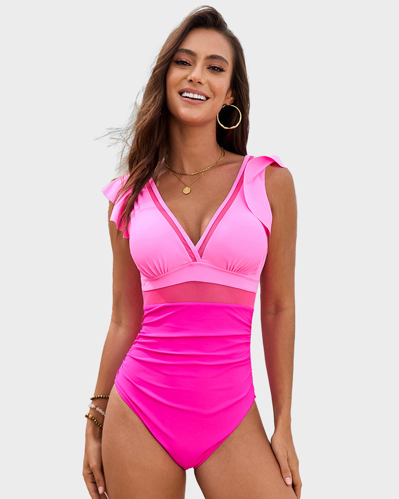 women's swimsuit, ruffled swimsuit, pink swimsuit, one piece bathing suit, v neck swimsuit, mesh insert swimsuit, tummy control swimsuit, pink ruffle swimsuit, elegant swimwear, swimwear for women, one piece swimsuit, bathing suits for women, one piece swimwear, slimming swimsuits, plus size swimwear