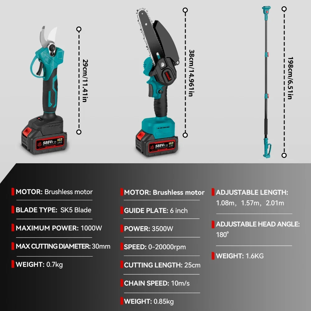 Telescopic Chainsaw 3-in-1 – 6", 3500W, Compatible with Makita 18V