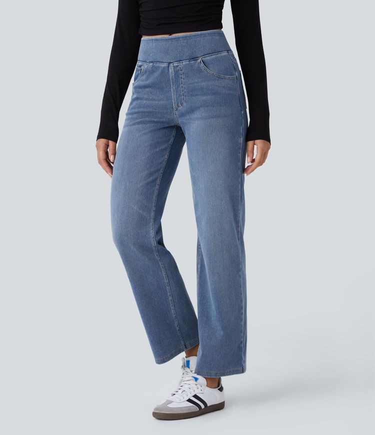 High Waisted Multiple Pockets Straight Leg Washed Stretchy Knit Casual Jeans