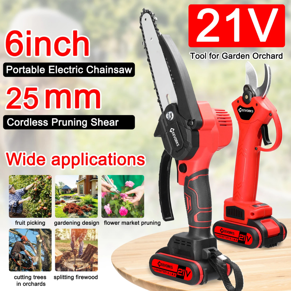 6" Chainsaw + Electric Pruner – 21V, 2 Batteries