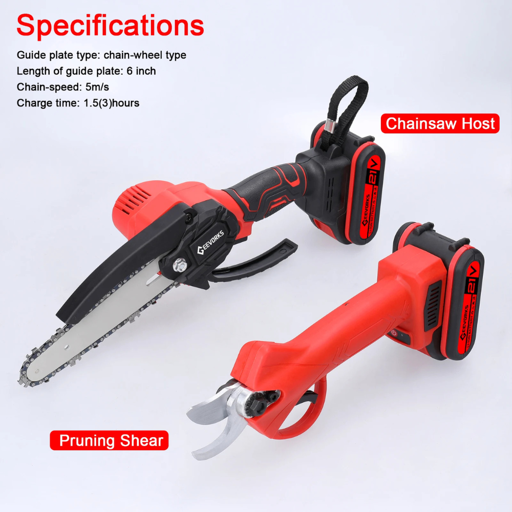 6" Chainsaw + Electric Pruner – 21V, 2 Batteries